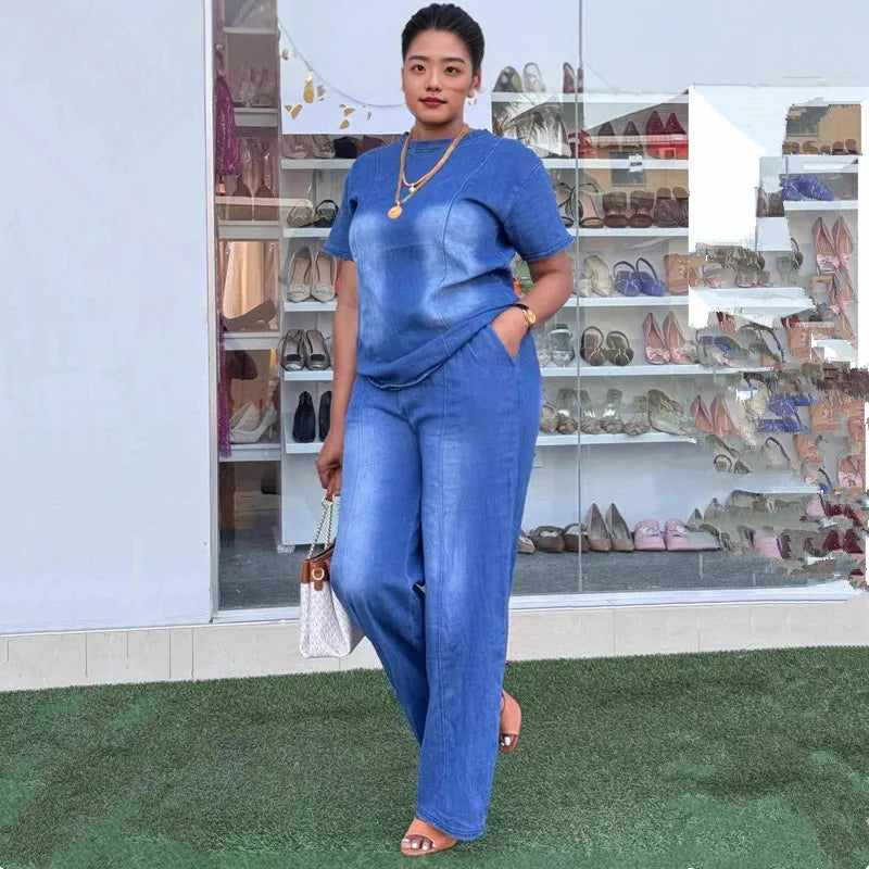 Fashion Women Two Piece Sets Denim Round Neck Short Sleeve Tops Casual Loose Wide Leg Long Pants Set High Waist Y2k Streetwear
