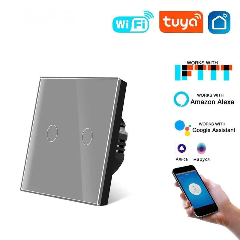 Tuya WiFi Smart Touch Switch Glass Panel EU Standard 1/2/3/4 Gang Light Switch Neutral Wire Required App Voice Control Alexa Goo