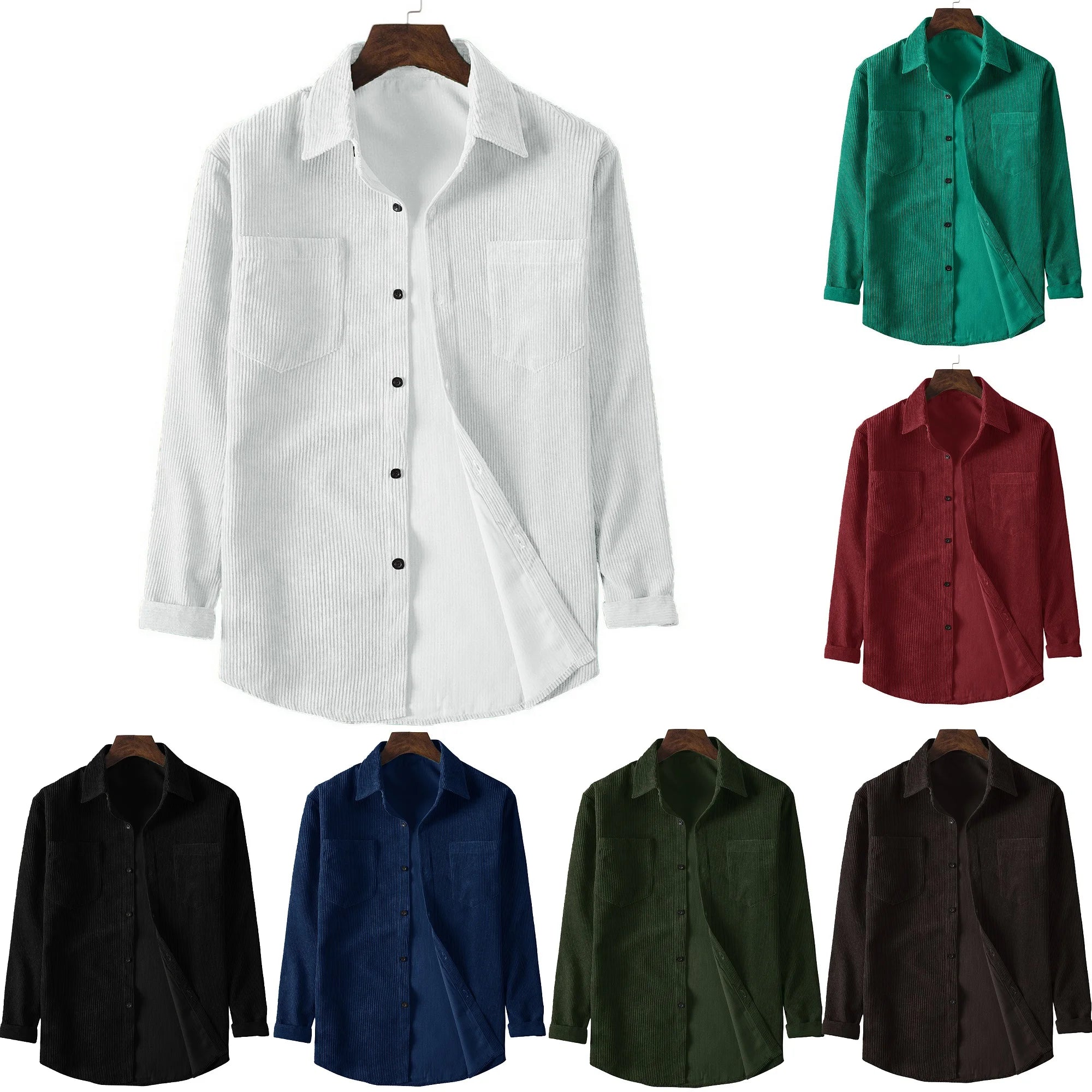 New spring and autumn men's corduroy long-sleeved double-pocket solid color casual men's top button lapel fashion