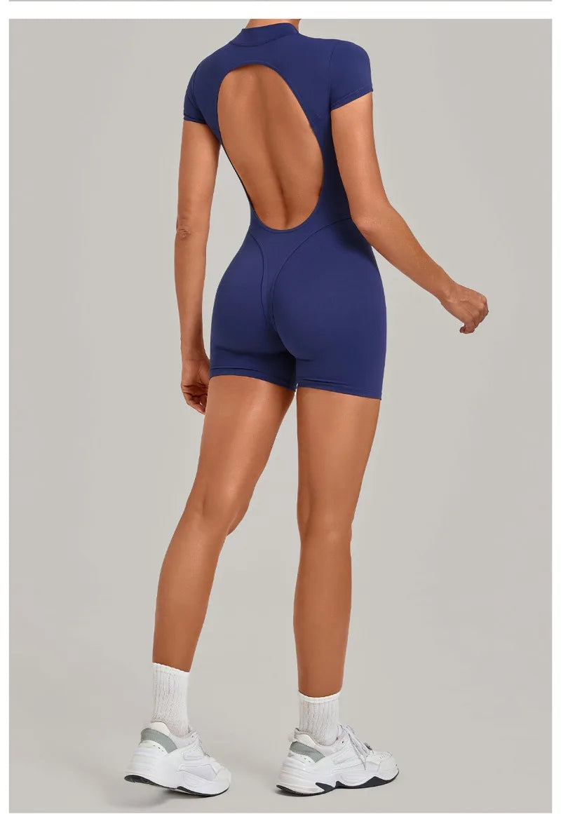 Women's Seamless Yoga Jumpsuits Sports Fitness Hip-lifting Short-sleeved Backless Training Workout Gym Shorts One-piece