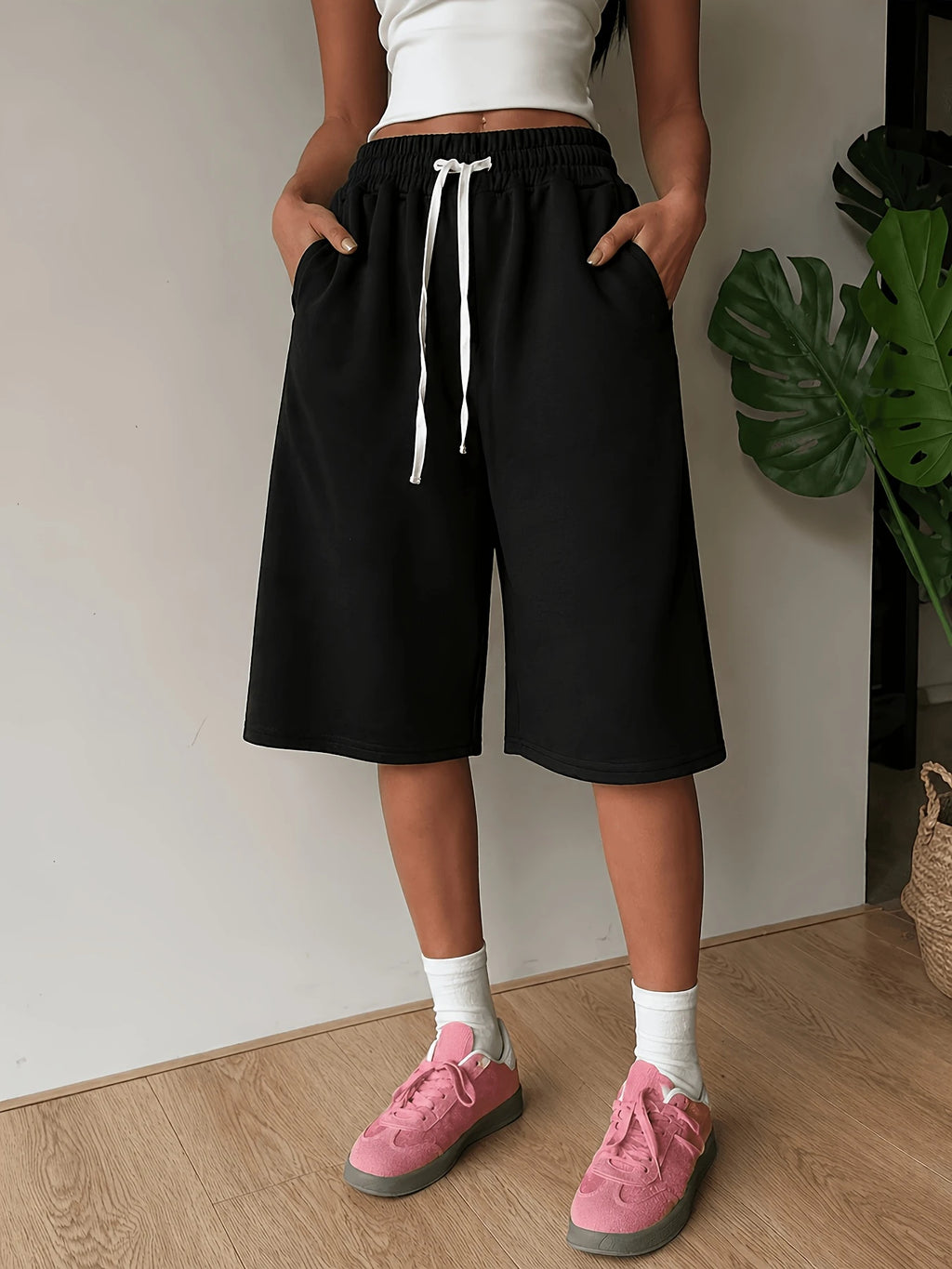 Waist Drawstring Wide-Leg Knee-Length Pants for Women, Summer Lightweight Loose-Fit Casual Shorts