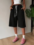Waist Drawstring Wide-Leg Knee-Length Pants for Women, Summer Lightweight Loose-Fit Casual Shorts