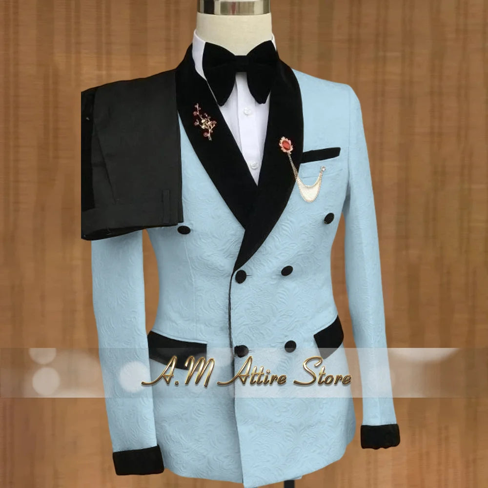 Luxury Wedding Attire for Men Tailored White Jacquard Suit with Black Velvet Shawl Lapel Accents for Grooms & Bridal Party 2PCS