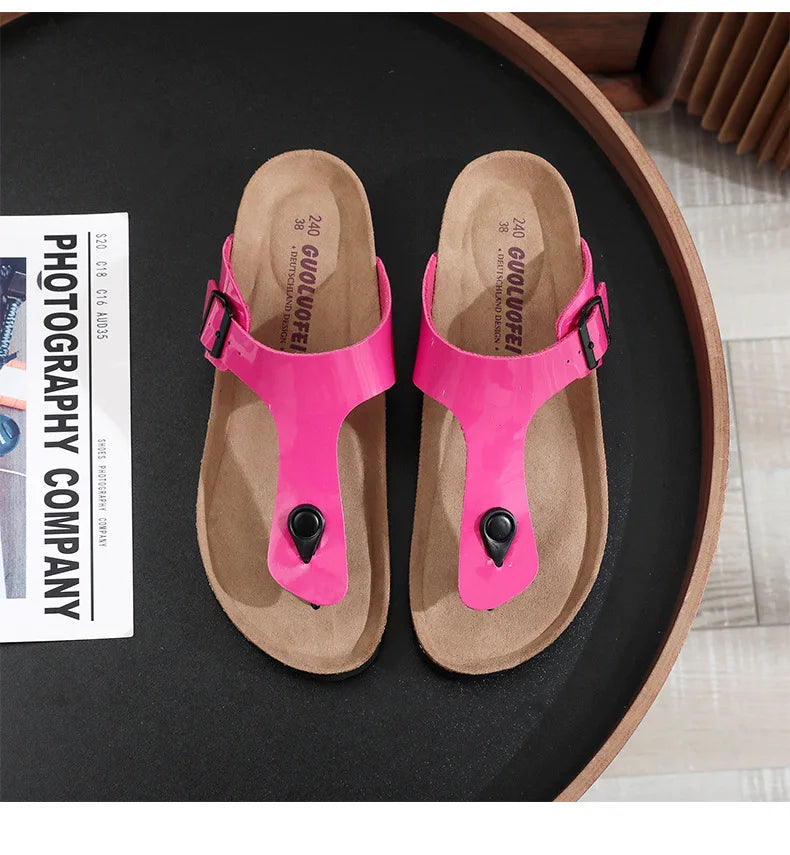 New Cork Sandals for Women Open Toe Beach Slippers with Adjustable Buckle Women Flats Leather Cork Footbed Flip Flops
