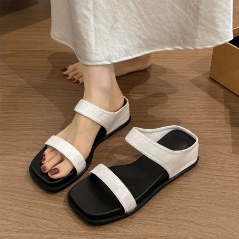 Women Flat Sandals Square Toe Double Band Slides Open Toe Slip On Casual Mules Summer Beach Outdoor Slippers
