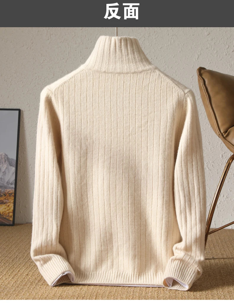 Men's Coat Winter Thickened New 100% Merino Wool Sweater Business Casual Zipper Lapel Cardigan Long Sleeved Warm Knit Jacket