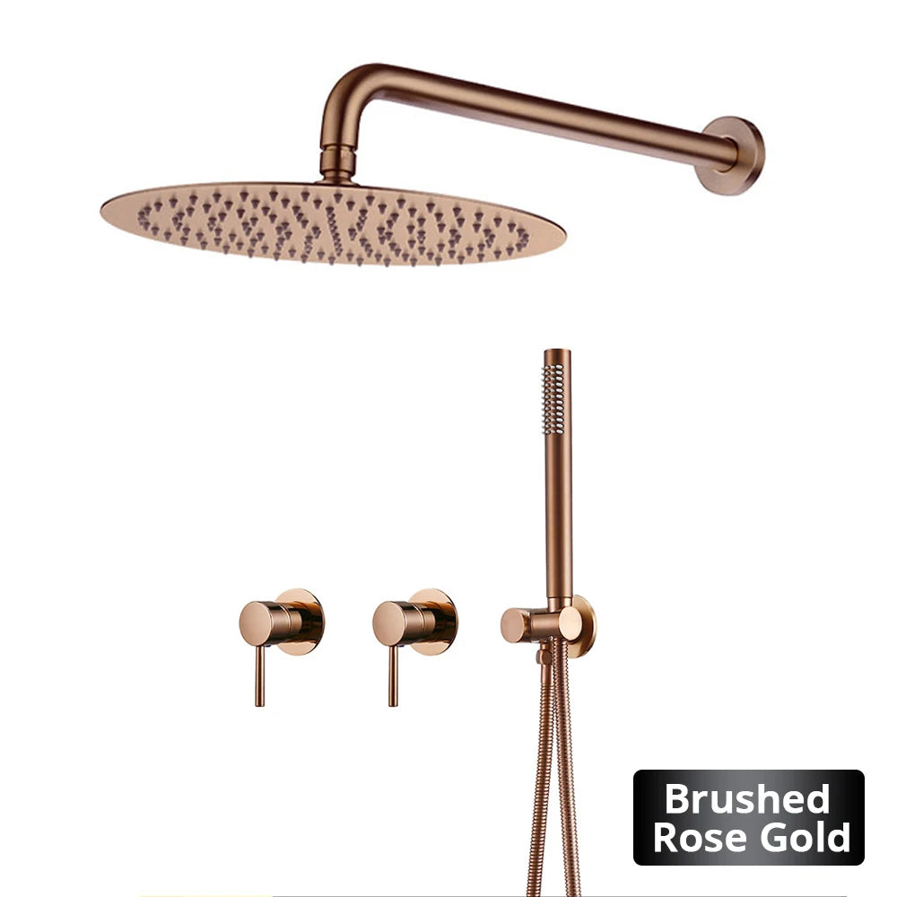 Wall Mounted Bathroom Shower Rainfall Shower Set Rose Gold Mixer Brass Faucet Hot Cold Water Mixer Tap With Head 8/10/12 Inch