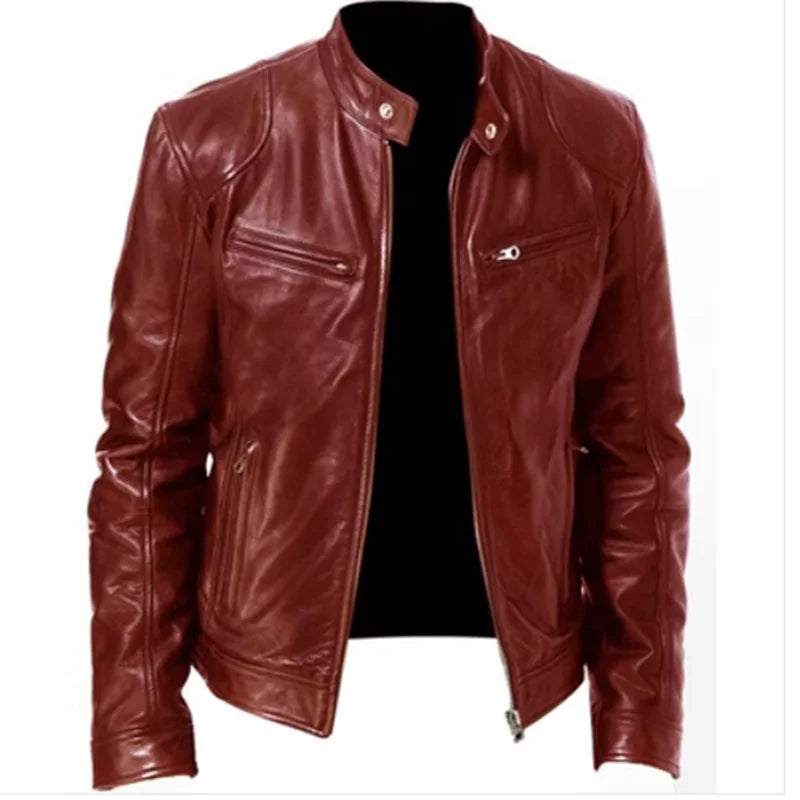 2023 Fashion Mens Leather Jacket Slim Fit Stand Collar PU Jacket Male Anti-wind Motorcycle Lapel Diagonal Zipper Jackets Men