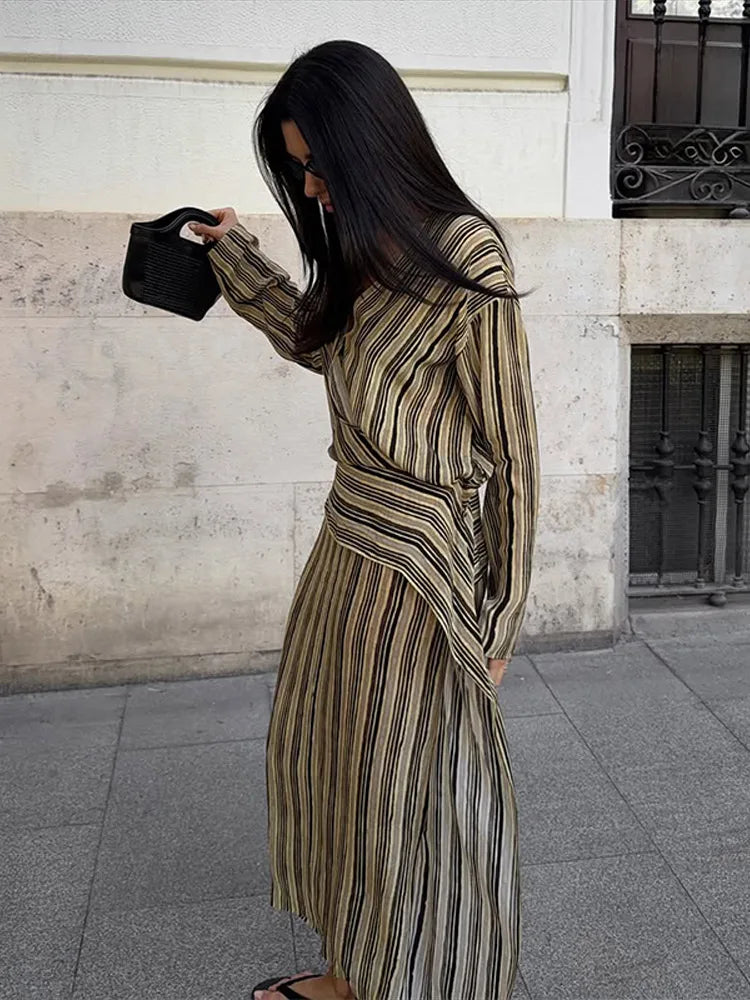 Women Striped Wrap Dress V-neck Loose Pleated Long Sleeved Asymmetrical Drape Dresses 2026 Summer New Casual Commute Lady Robes