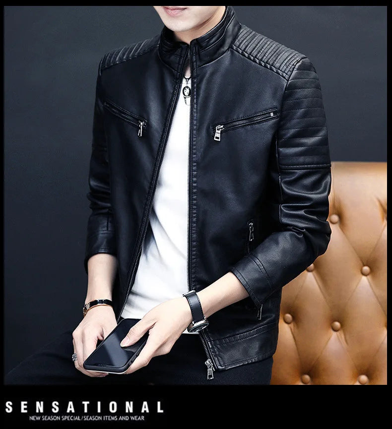 Winter Stand Collar Zip-Up Pocket PU Leather Jacket Men's Slim Business Casual