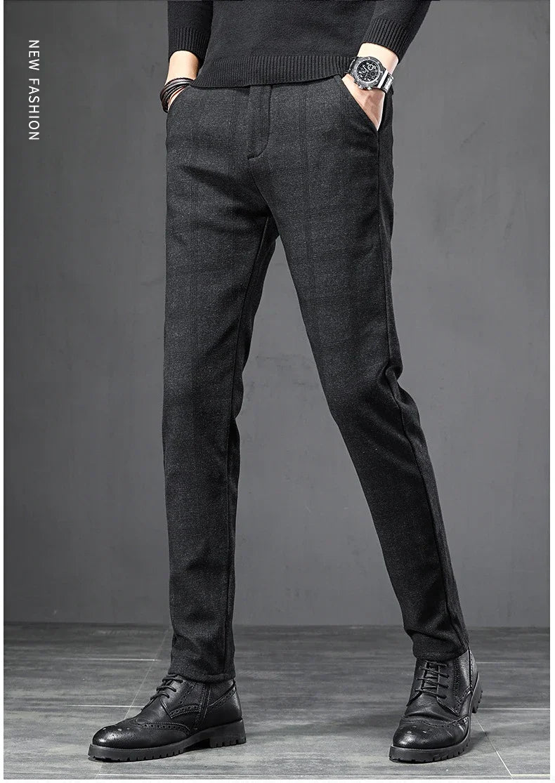 Autumn Men's Brushed Plaid Casual Pants Korean Style Gray Elastic Straight Slim Fit Fashionable Work Pants Blue and Black Male