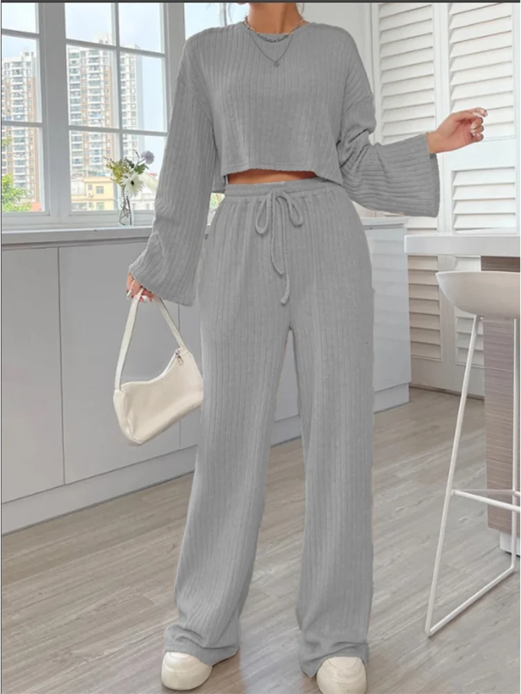 Casual Grey Long Sleeve Round Neck Suit Women's Solid Color Loose Top Trousers Autumn Sports Fashion 2 Piece Sets Women Outfit