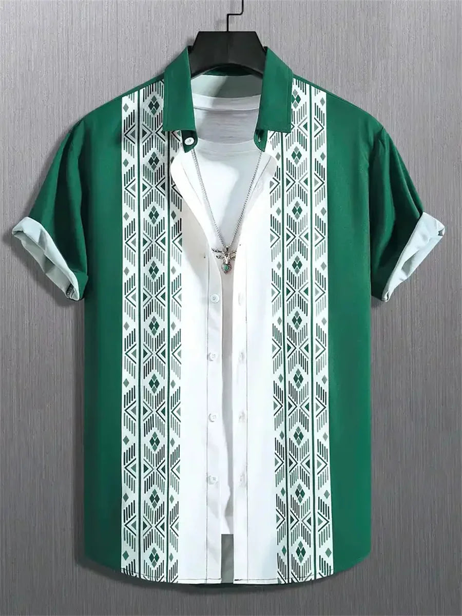 New Summer Men's Shirt with Blue and White Porcelain Floral Print, Short-Sleeve Shirt, Casual Loose-Fitting Lapel Hawaiian Shirt