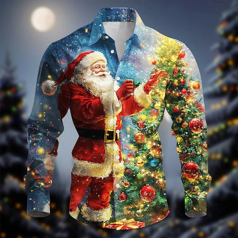 Christmas Fireworks: Santa Print Men's Long Sleeve Shirt, Men's Fashionable Party Christmas Shirt, Four Seasons Casual Men's Shi