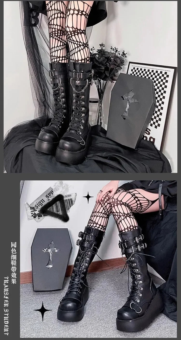 Motorcycle Boots Platform Boots for Women Wedges Knee High Black Lace Up Fashion Goth Gothic Boots Punk Shoes Girls Winter