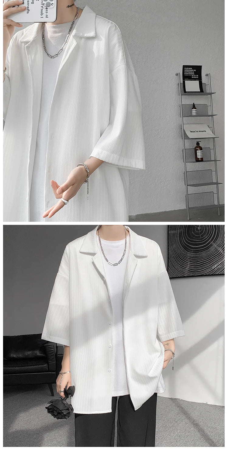 LEGIBLE Spring Summer Solid Shirts Men Casual Oversized Three Quarter Shirts Male Loose Fit Shirt for Man