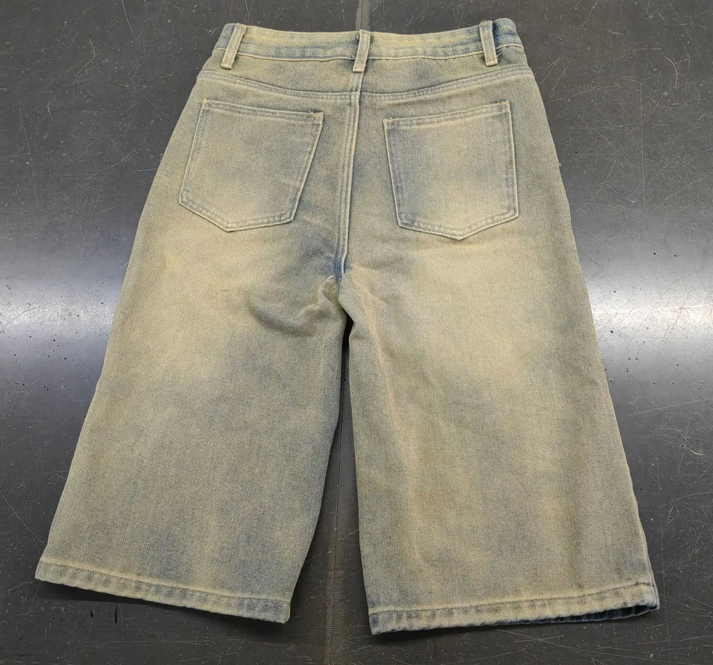 Europe America Summer New High-waisted Loose, Vintage, Ripped Denim Mid-length Straight-leg Wide-leg Pants. Casual Denim Shorts
