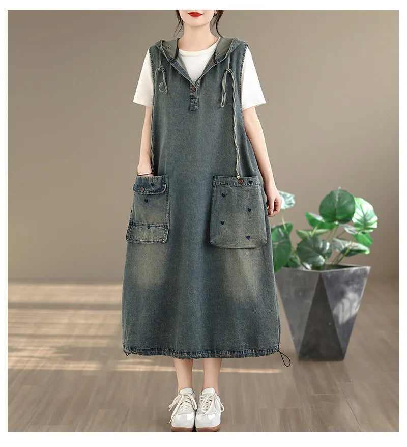 Original Denim Suspender Dres for Women Summer Fashion Vintage Big Pocket Mid-long Frocks Female Hip Hop Baggy Streetwear