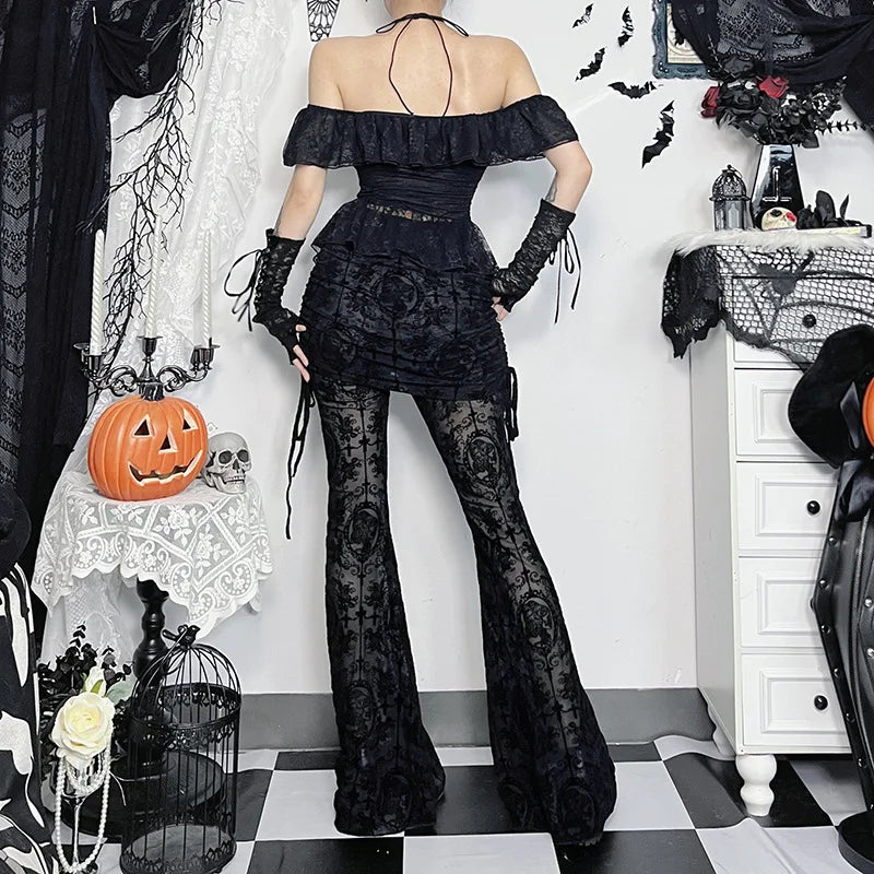 AltGoth Gothic Dark Flocking Pants Women Streetwear Aesthetic Emo Alt Grunge See Through Lace-up High Waist Flare Pants Female