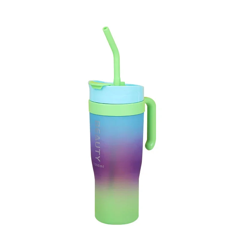 1200ml Large Capacity Gradient Frosted Sports Water Bottle Tumbler for Car Gym Outdoor Travel Reusable BPA Free Cup with Straw