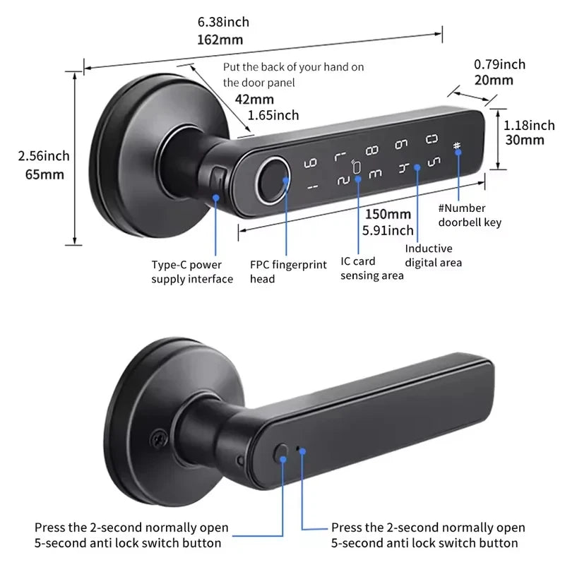 Tuya App Bluetooth Smart Fingerprint Door Lock Password Mechanical Key NFC Unlocking For Wooden Door Handle Lock IP65 Rainproof