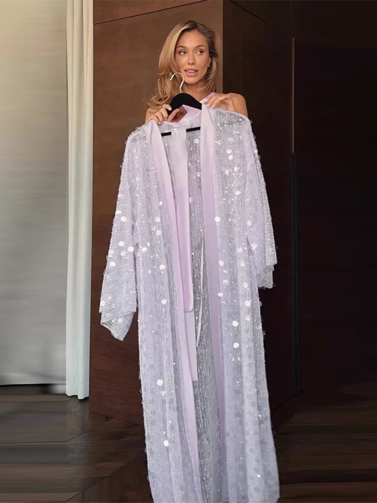 Sequined Hollow Out Long Dress Women Sexy V-neck Full Sleeve Mesh Patchwork Lace Up Cardigan Party Evening Dresses New Beachwear