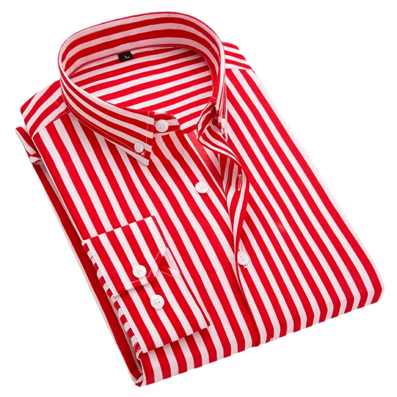 2026 Men's Classic Striped Shirt, Single-breasted Long-sleeved Shirts Autumn New Top Red Blue Black Slim Version Male Chemise