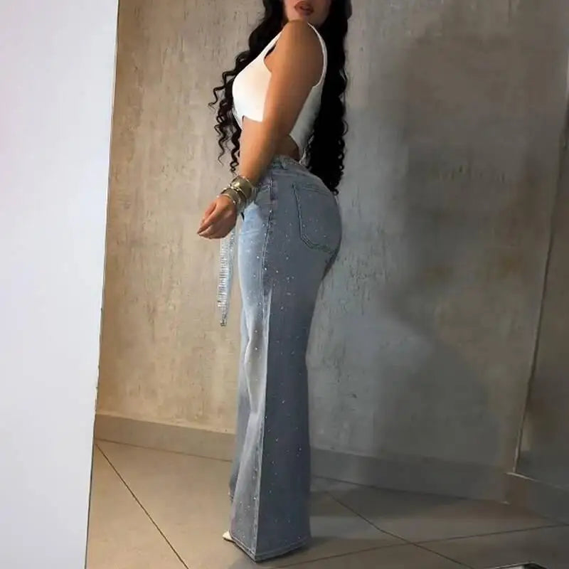 Women Jeans Denim Pant Vintage Wide Leg Long Pants High Waist Straight Trousers Y2k Streetwear Elegant Work Hot Drilling 2026