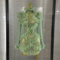 Sparkly Rhinestone Women Sexy Ruffled Long Sleeves Mesh See Through Mini Dress Eveing Party Birthday Dance Nightclub Stage Wear