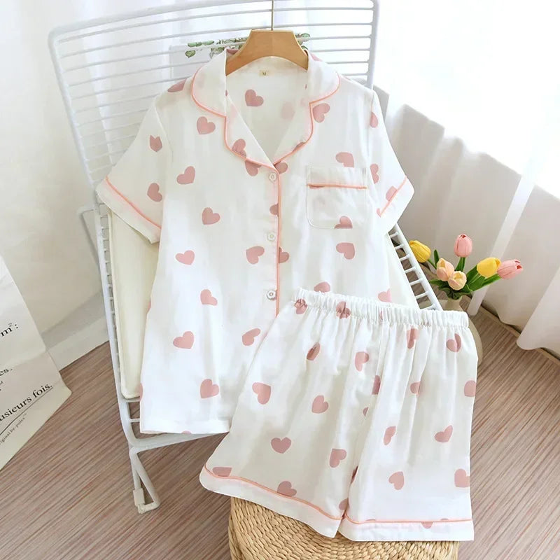 Japanese simple short pyjamas women 100% cotton short sleeves ladies pajama sets shorts Cute cartoon sleepwear women homewear