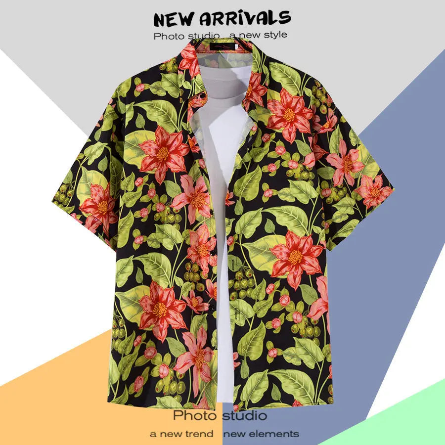New Summer Casual Short Sleeved Shirt Korean Version Fashionable Men's and Women's Loose Collar Hawaiian Seaside Flower Shirt