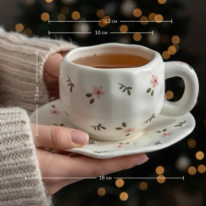 ins style retro flower ceramic cups and saucers, hand-squeezed irregular coffee cups and saucers, afternoon tea cups and saucers