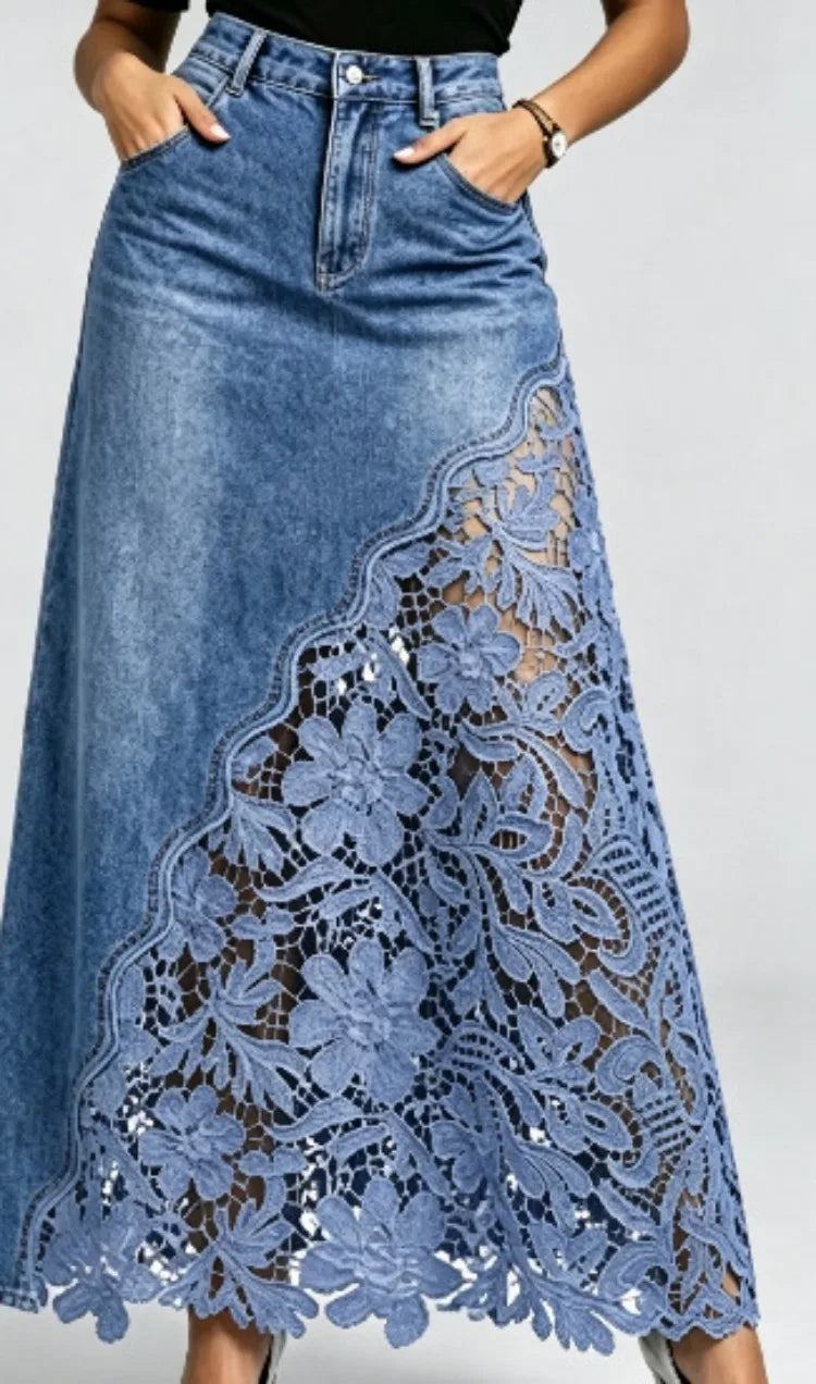 Women Denim Skirt Floral Lace Hollow Out Asymmetric Panel Skirt With Pockets Vintage Casual Irregular Hem Slim Jean Bottoms