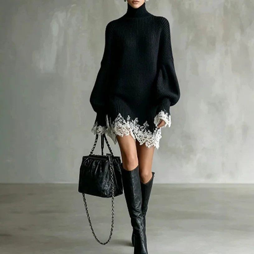 Wome Knitting Dress 2026 New Ladies Loose Fit Turtleneck Knitted Dress Autumn Lace Spliced Long Sleeve Sweater Midi Warm Dress