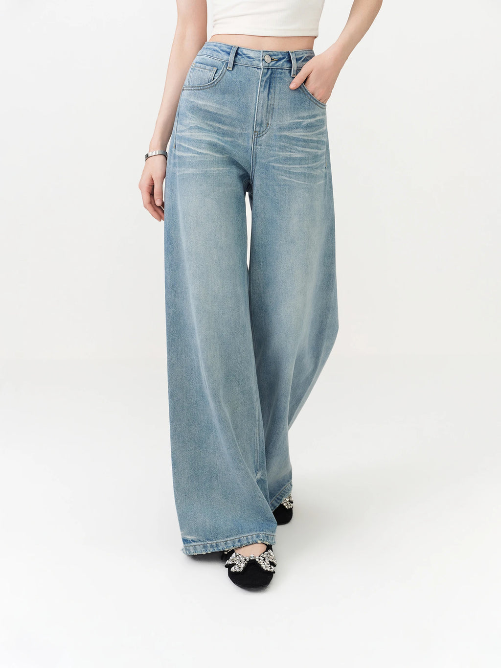 FSLE New Summer Women‘s Wide Leg Jeans Vintage Washed Straight Wide Leg Pants High Waist Denim Trousers Casual Street Style Chic