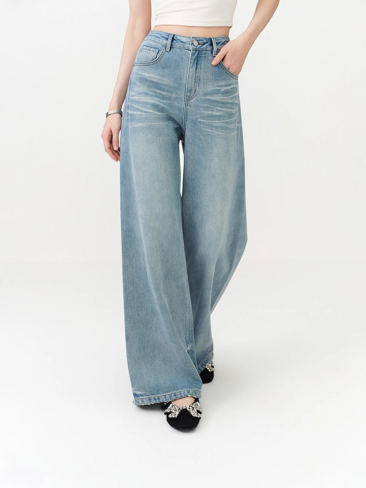 FSLE New Summer Women‘s Wide Leg Jeans Vintage Washed Straight Wide Leg Pants High Waist Denim Trousers Casual Street Style Chic