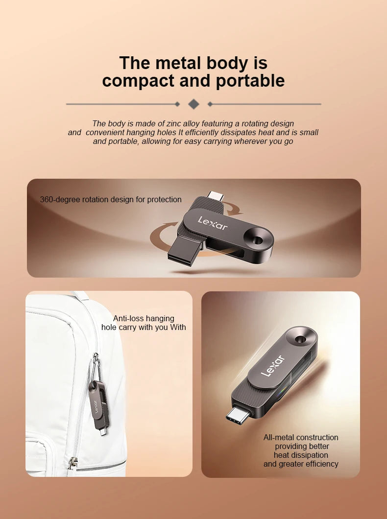 Lexar USB 3.2 Type-C and Type-A Flash Drive Metal Pendrive 128GB 256GB 512GB 1TB Max 400Mb/s U Disk for Xiaomi Huawei iPhone 15