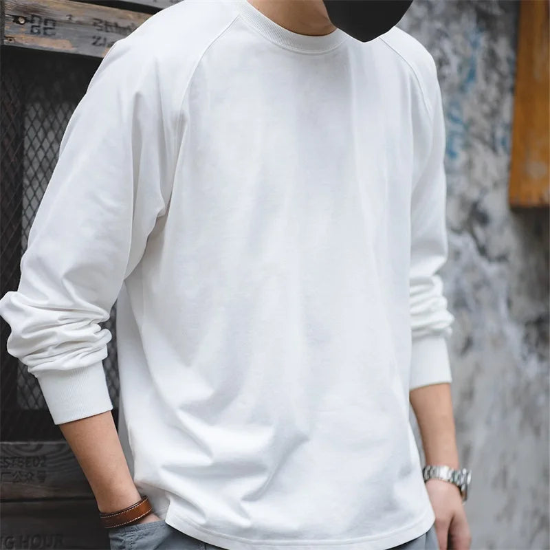 Maden 100% Cotton Loose Crew Neck Long Sleeve T-shirts Men's  230g Thin Breathable Tee Shirt Basic Solid Color Oversized Tops