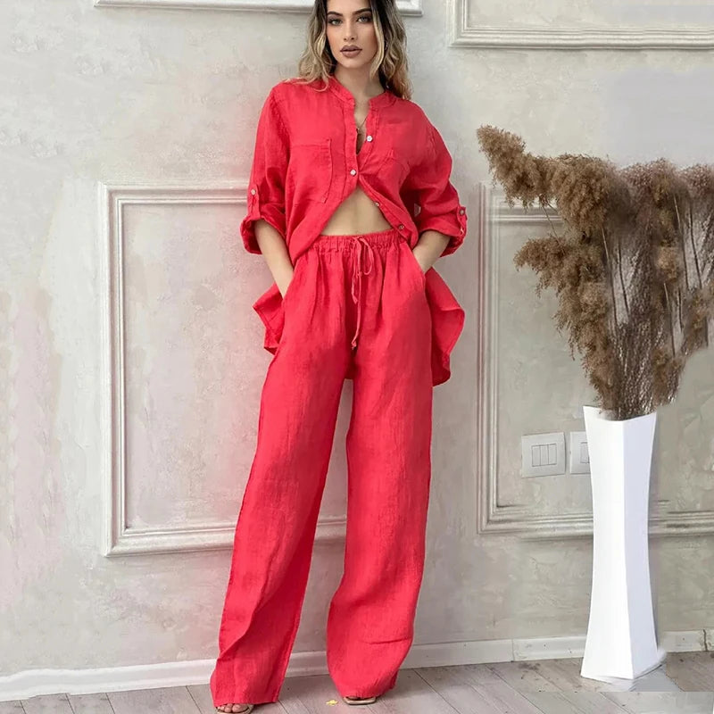Women Two Piece Sets Spring Autumn Casual Long Sleeve Pocket Shirts 2 Piece Set Fashion Loose Wide Leg Pants OL Work Suit Outfit