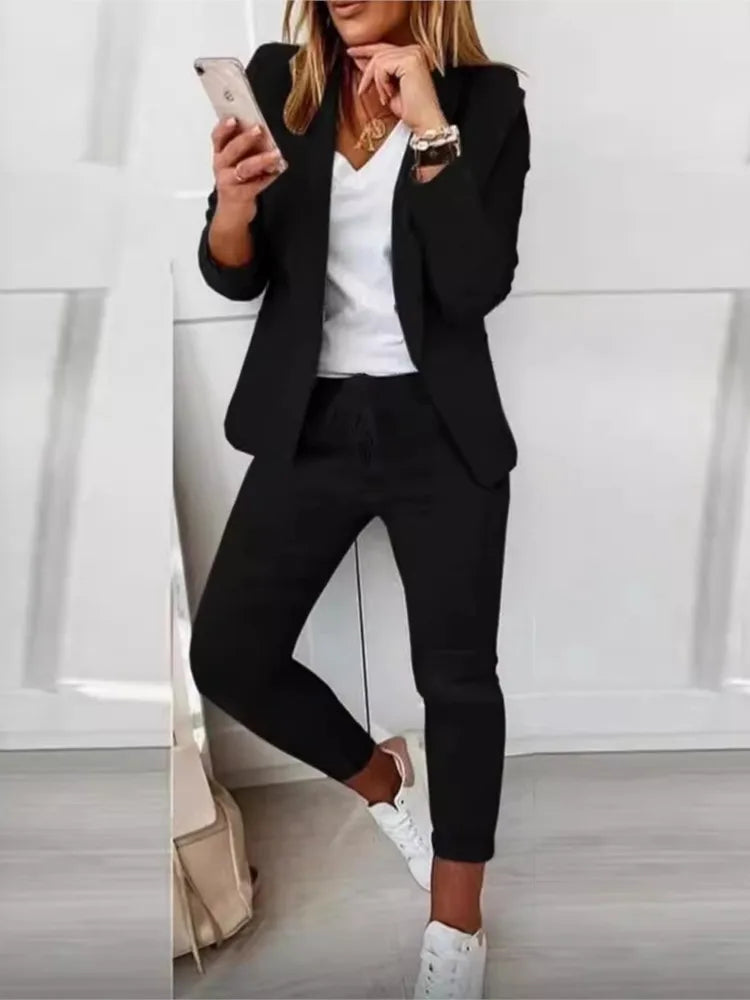 2024 Women's Two Piece Pant Suit Set Outfits Spring Autumn Turn Down Print Blazer Coat Drawstring Pants Suit Women Casual Sets