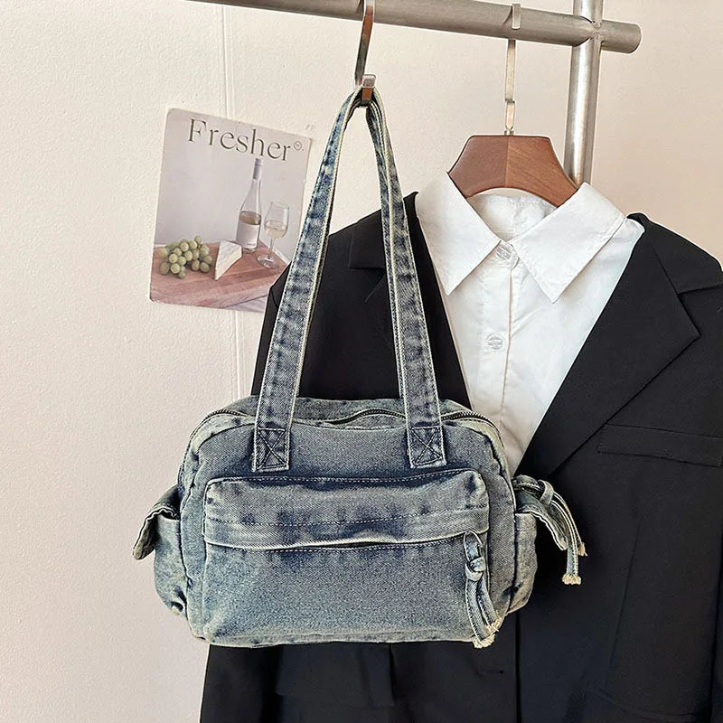 Trendy Vintage Denim Top Handle Bag Women Fashion Spring Shoulder Bag Casual Comfortable and Versatile Texture Storage Bag