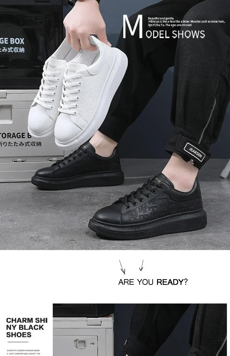 2026 Men's Casual Shoes Spring and Autumn Flat-soled Casual Leather Shoes Sports Shoes Black and White Men's Thick-soled Shoes