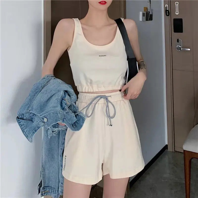 Women's Short Set Summer New Solid Sportswear Tank + Shorts Two Piece Womens Outifits Casual Sport Sets Woman