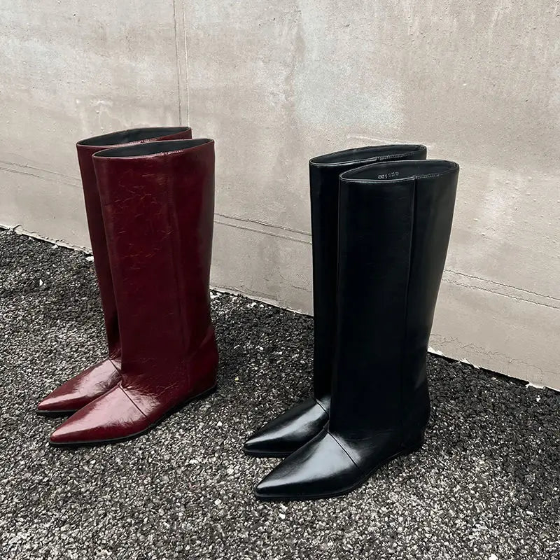 QUTAA 2025 News Women Knee High Boots Leather Wedge Heels Autumn Shoes Pointed Toe Woman Winter Party Lady Long Boots Size 34-40