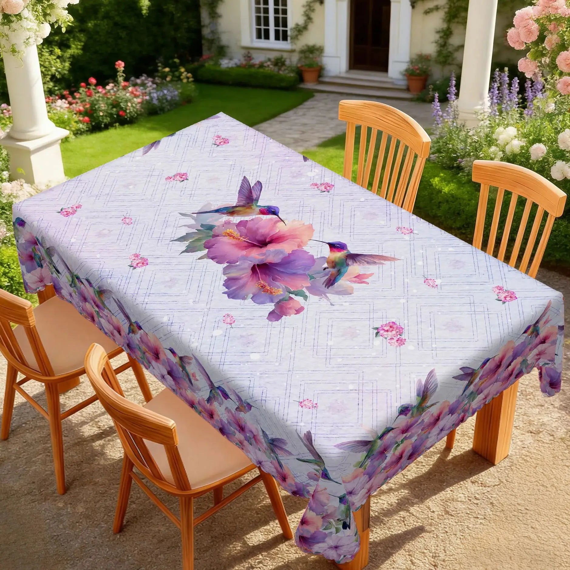 1 Piece of Spring and Summer Floral and Bird-Themed Printed Round and Rectangular Tablecloth, Available in Various Sizes, Featuring Vibrant Hummingbirds and Blooming Hibiscus Intertwined with Fresh Small Flowers and Light Pur