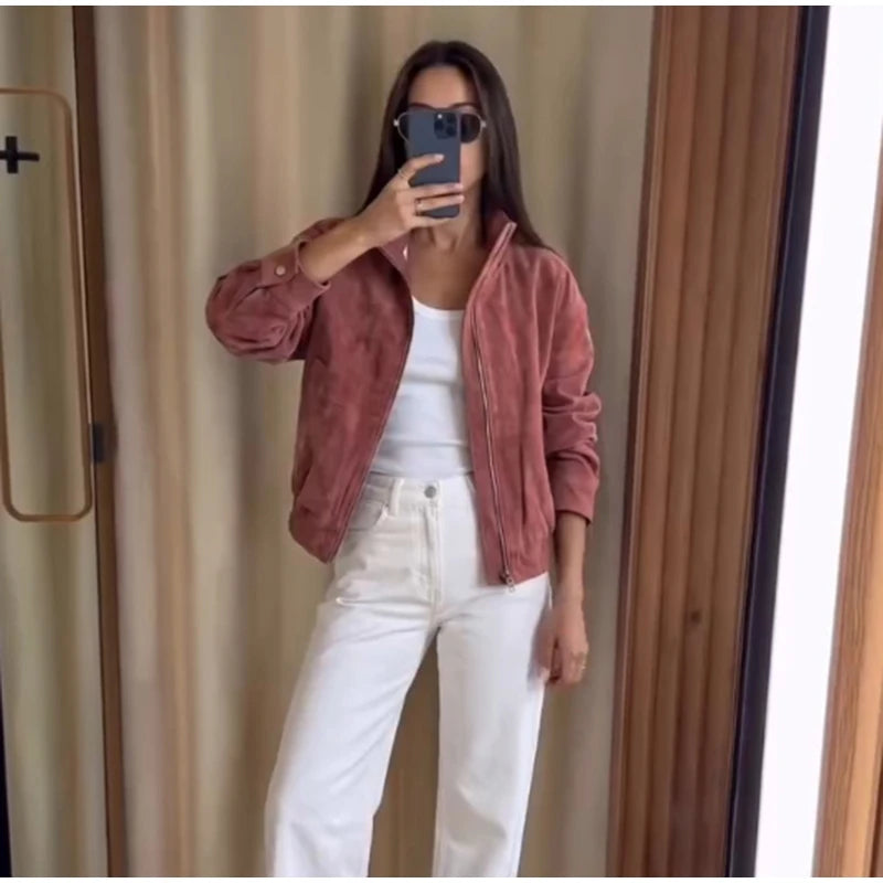 Women Dusty Faux Suede Bomber Jacket Stand Collar Zip Up Loose Drop Shoulder Elastic Hem Casual Fall Outerwear 2026 Fashion Coat