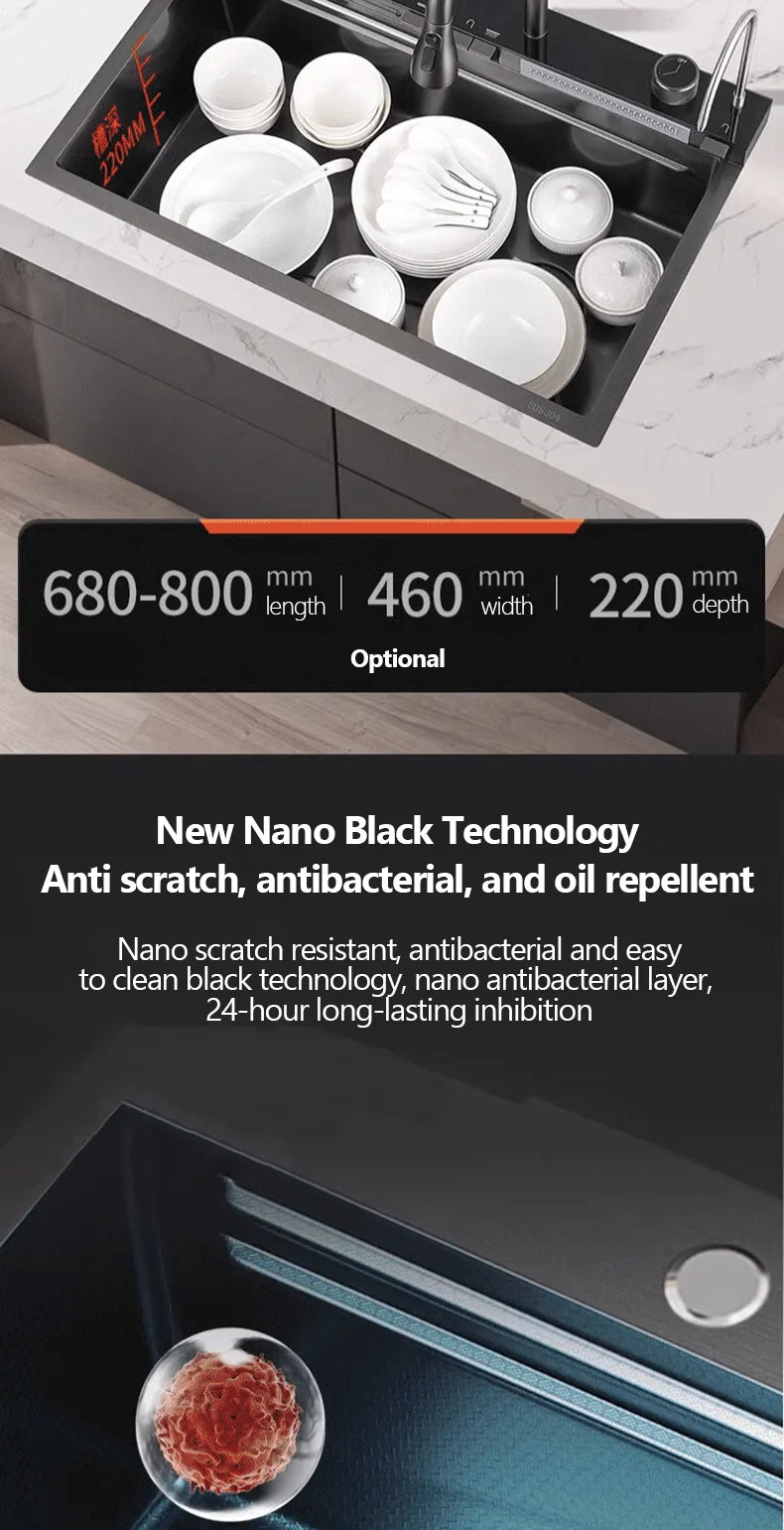 304 Sink Key Digital Display Waterfall Rain Sink Stainless Steel Large Single Trough Hand Basin Washing Dishes Under The Basin
