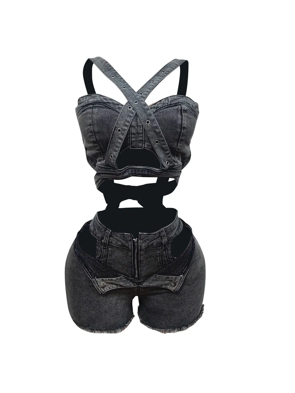 New Denim Vest Shorts Matching Set, Corset Tube Top Strappy Denim Vest Tops with Stretchy Shorts Sets