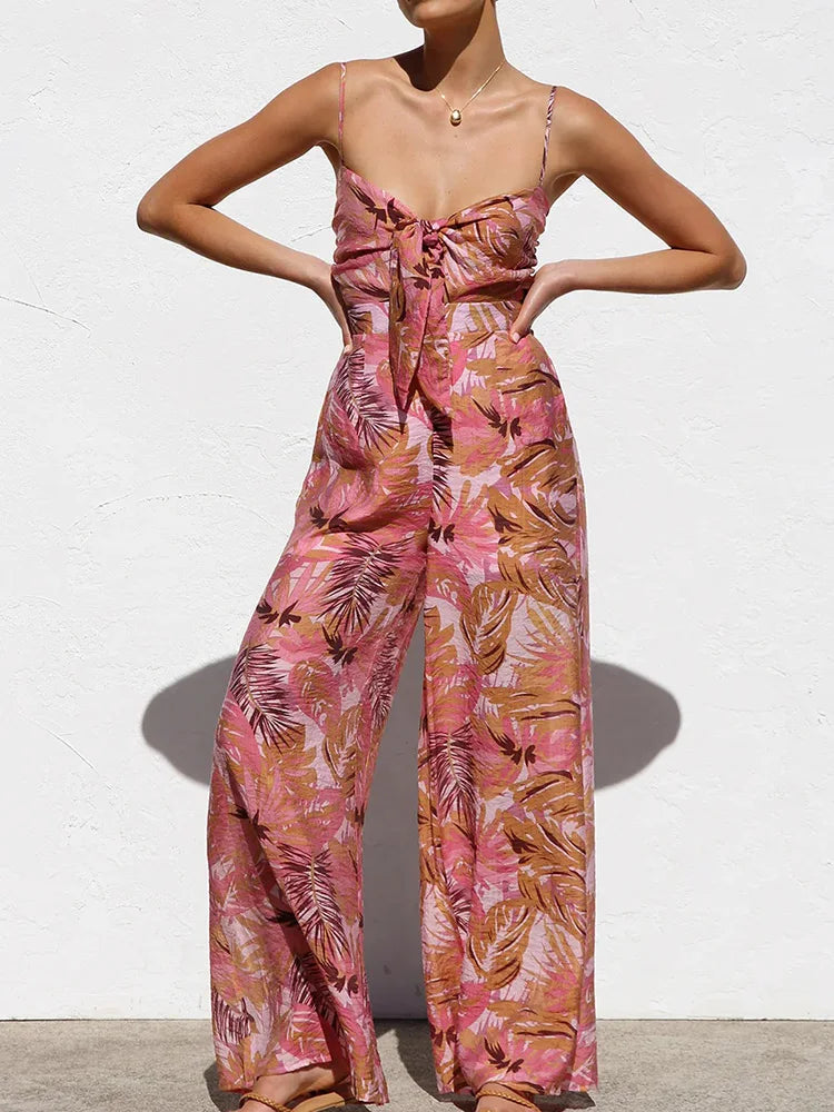 Summer Women Sleeveless Patchwork Chic Playsuits, Holiday Print Backless Jumpsuits, 2025 Wide Leg Pants Simple Ladies Bodysuits