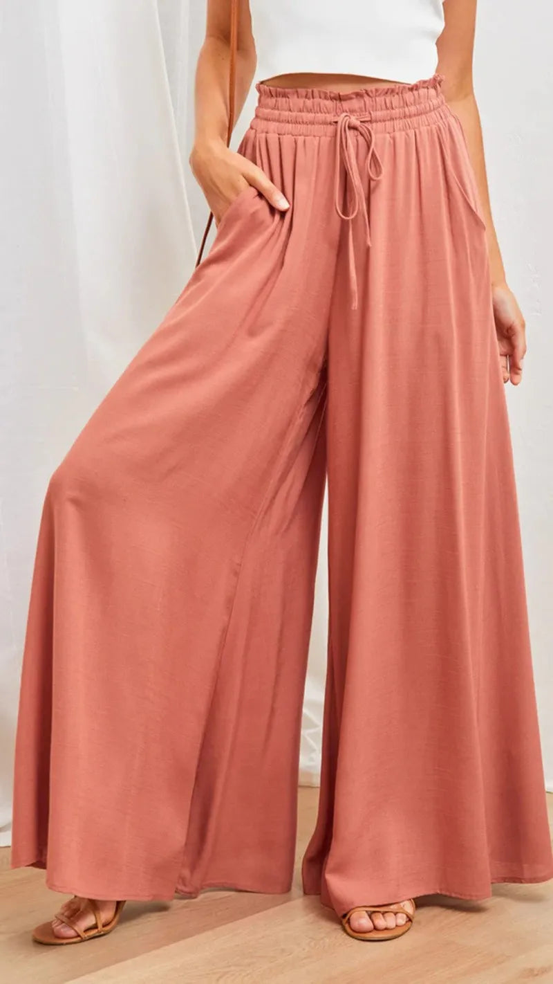 Women's Elastic Long Palazzo Pants Casual Urban Style Tie Detail Polyester Blend Woman Clothes Female Clothing Women's And